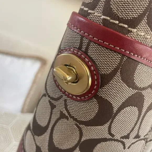 Vtg Coach Signature Tote 11353 4 Pc Set | Red Leather Trim Bag, Pink, Mint - Picture 9 of 10